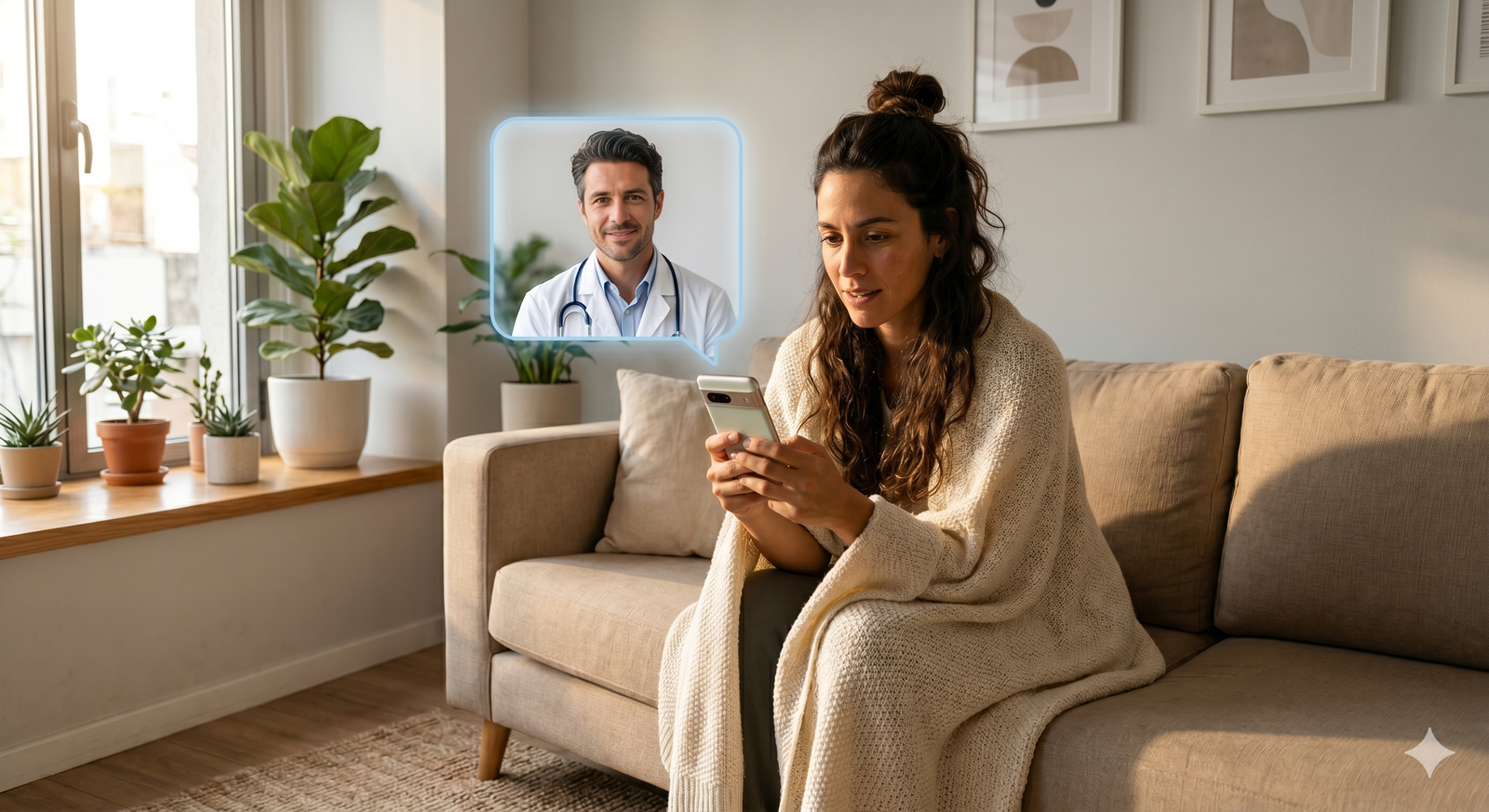 Mujer en su casa hablando por videollamada con un médico